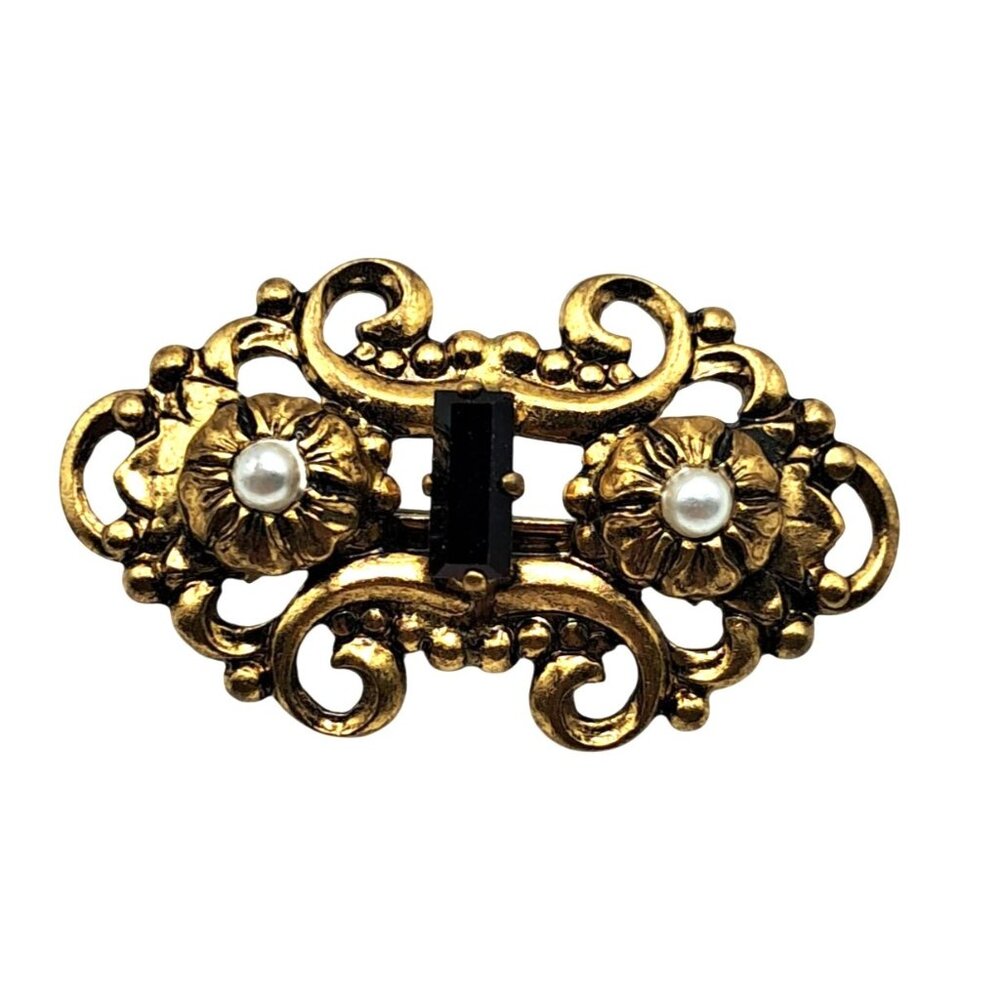 West Germany Rhinestone Brooch Collar Pin Red Baguette Faux Pearl Vintage Costum